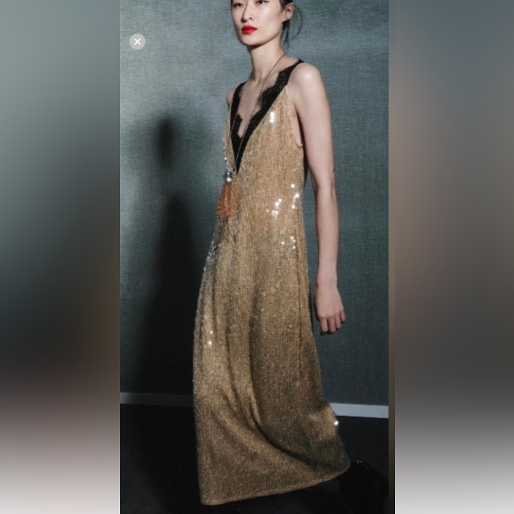 Zara Sequin Gold and Black Lace Dress NWT - Picture 7 of 9